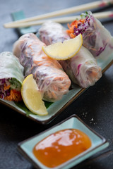 Traditional vietnamese spring rolls with vegetable filling, closeup, studio shot