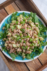 Salad with spinach, arugula, avocado, sprouted seeds and beans