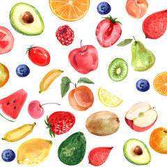  fruit, Strawberry, kiwi, banana, Avocado, tomato, Apple, Blueberries, watermelon, papaya, Orange