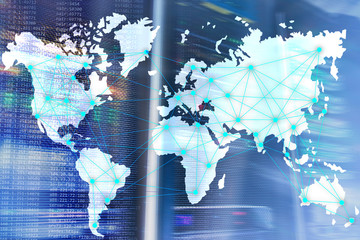 Internet and telecommunication concept with world map on server room background.