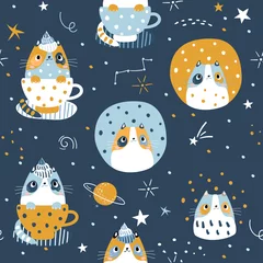 Foto op Plexiglas Kosmos Creatief kinderachtig naadloos patroon met schattige kitten en planeten