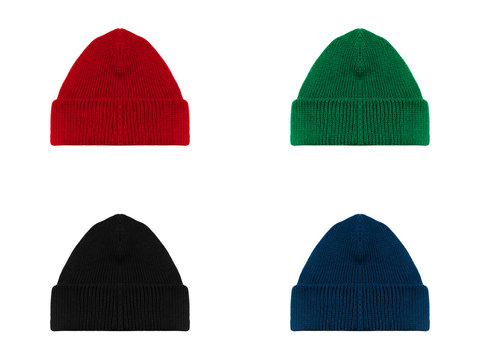 Set bundle pack blank pain beanie with red, green, black, blue color. set of beanie hat in four colors isolated on white background ready for your mockup logo design.