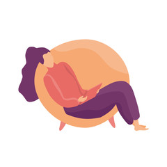 Young woman sits in a chair with a tablet at home. Vector flat illustration isolated on white.