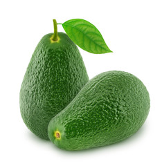 Two green avocados isolated on white background.