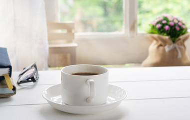 Coffee cup and window old in nature and the morning