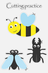 Cute insects in cartoon style, cutting practice, education game for the development of preschool children, use scissors, cut the images, vector illustration