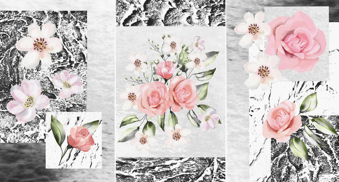 Collection of designer oil paintings. Decoration for the interior. Modern abstract art on canvas. Set of pictures with different textures and colors. Pink roses on a gray background.