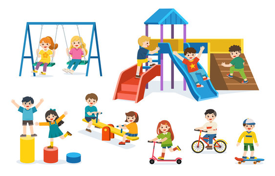 Set of Happy excited kids having fun together. Children playing in playground. Colorful isometric playground elements set with Kids.
