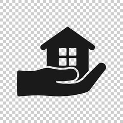 Fototapeta na wymiar Home care icon in transparent style. Hand hold house vector illustration on isolated background. Building quality business concept.
