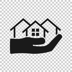 Home care icon in transparent style. Hand hold house vector illustration on isolated background. Building quality business concept.