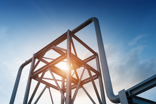 Industrial pipelines on pipe-bridge in petrochemical plant