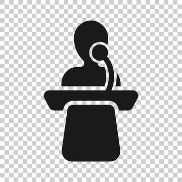 Public speach icon in transparent style. Podium conference vector illustration on isolated background. Tribune debate business concept.