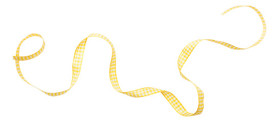 Yellow check ribbon curl isolated on white background. Yellow plaid ribbon bow and curl isolated on white background