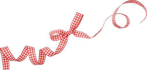 red check ribbon curl isolated on white background. Red plaid ribbon bow and curl isolated on white background