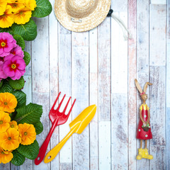 Concept Spring planting , harmony and beauty. Flowers Primula pink and yellow and garden tools , flat lay, space for text