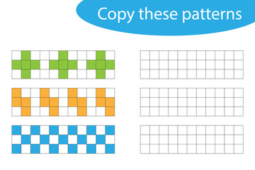 Copy these patterns, pixel art, drawing skills training, educational paper game for the development of children, kids preschool activity, printable worksheet, vector illustration