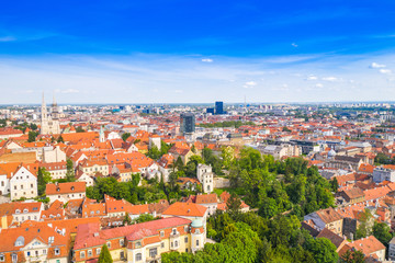 Panoramic view on Upper town and Down town in Zagreb, red roofs and palaces of old baroque center of Croatia