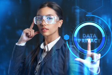 Business, Technology, Internet and network concept. Young businessman working on a virtual screen of the future and sees the inscription: Data privacy