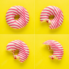 Creative concept photo of different donuts bite on yellow background.