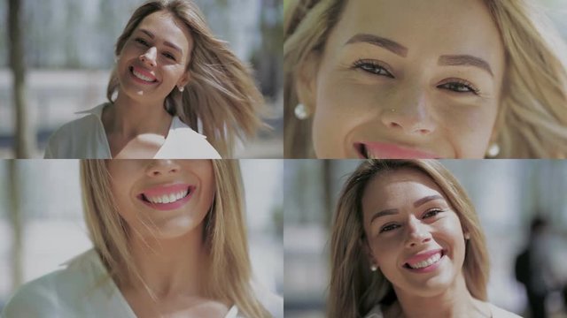 Collage of medium and close up shots of beautiful Caucasian blonde girl in white blouse outside, looking at camera, smiling, sending kisses. Lifestyle concept