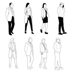 Vector silhouettes men and women standing, different poses, group  business  people,  linear sketch,  black color, isolated on white background