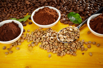 Gourmet coffee still life with beans and grounds