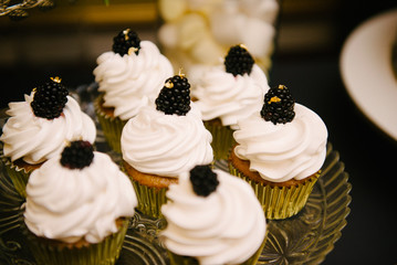 Sweet dessert table at a wedding.Cakestand at a wedding