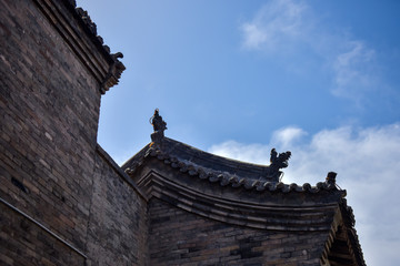 Ancient Chinese Architectural Gateway Wall under Clear Sky and White Cloud, Pingyao County, Jinzhong City, Shanxi Province, China