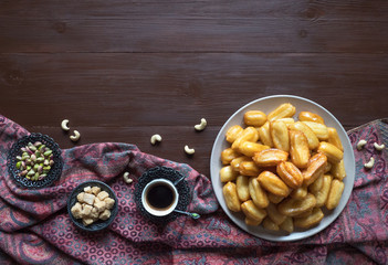 Ramadan sweets are laid out on the table. Top view