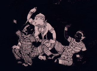 The Ramakien (Ramayana) mural paintings color black and pink illustration along the galleries wallpaper and art background