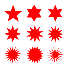 Collection of trendy retro stars shapes. Sunburst design elements set. Bursting rays clip art. Red sparkles. Best for sale sticker, price label, quality sign. Isolated on white.