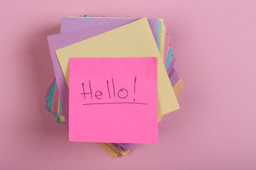 Stickers with the words "Hello" on pink background
