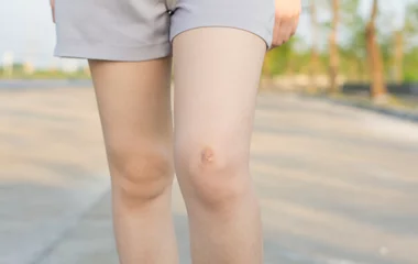 Fototapeten Bright bruise damage on knee of young woman. A girl rubs her fingers with a curative ointment in a bruised knee with a bruise. Pain concept close-hematology on the leg.bruise on the leg,Checking bruin © sek_gt
