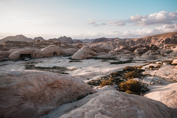 Ancient cityscape in rocky landscape in desert of Jordan, Asia