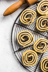 Homemade cinnamon rolls ready to bake on tray