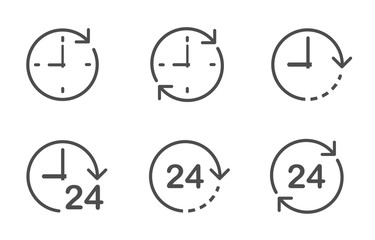 time clock dial and round the clock with arrows vector icon set for web and ui design. clock dial and 24 hour flat icons isolated on white background. time is money business concept