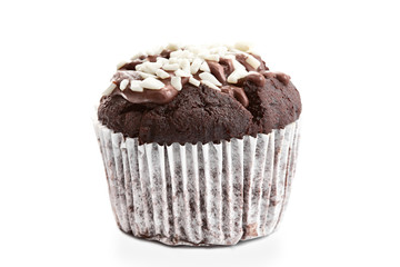 Tasty chocolate cupcakes on white background. Chocolate caramel cupcake and butterscotch syrup. Chocolate cupcake isolated on white.