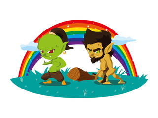 ugly troll with caveman gnome and rainbow