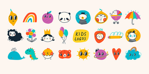 Naklejka premium Various simple, doodle, cute, minimalistic icons for kids. Hand drawn logos. Big vector set. Children's drawings style. Design elements. Cartoon style. Flat design. Everything is isolated