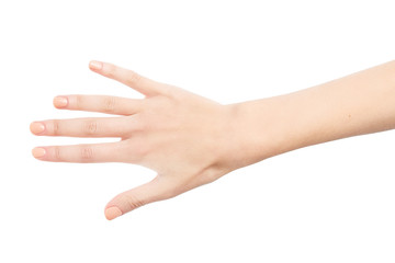 Female hand isolated on white background. White woman's hand showing symbols and gestures. Relaxed...