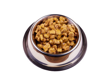 Canned food for cats or dogs in metal bowl isolated on white background