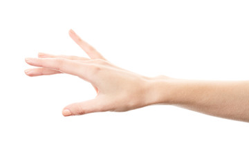 Female hand isolated on white background. White woman's hand showing symbols and gestures. Palm