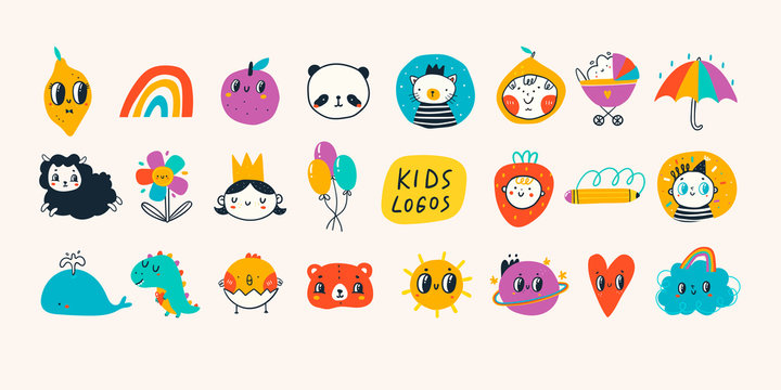 Various simple, doodle, cute,  minimalistic icons for kids. Hand drawn logos. Big vector set. Children's drawings style. Design elements. Cartoon style. Flat design. Everything is isolated