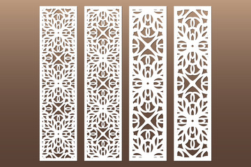 Die and laser cut decorative ornamental borders patterns. Set of bookmarks templates. Cabinet fretwork panel. Lasercut metal screen. Wood carving. Vector. - obrazy, fototapety, plakaty