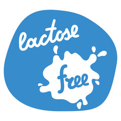 Lactose free milk splash label. Concept of design of a banner flat illustration vector. Shape hand drawn lettering.
