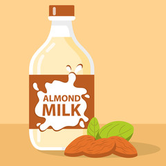 Almond Milk with nuts.Lactose free.Plant drink dairy-free healthy nutrients.Beverage vegeterianets and vegan vegetable product.Flat vector.