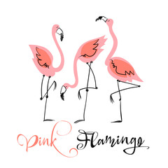 Pink flamingo. Fun illustration in a cute style. Summer motifs.  Vector.