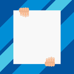 Two hands holding big blank rectangle up down Geometrical background design