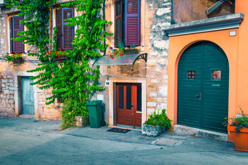 Fototapeta na wymiar Mediterranean old town street with stone houses, Rovinj, Istria, Croatia