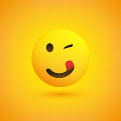 Smiling, Winking and Mouth Licking Emoji with Stuck Out Tongue - Simple Happy Emoticon on Yellow Background - Vector Design 